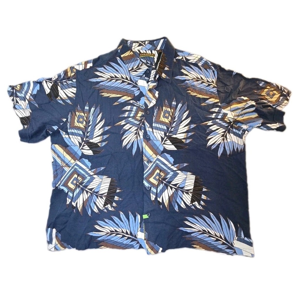 Cubavera Shirt Mens 3X Navy Blue Tropical Palm Leaf Rayon Dry Cleaned Casual